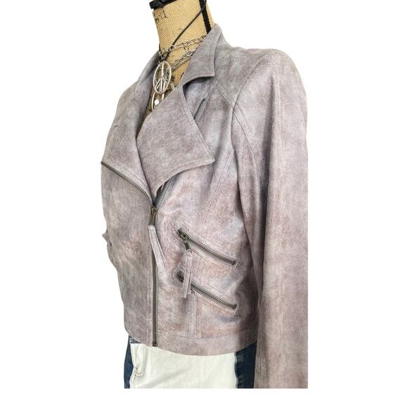 LAVANDER BROWN - NWOT faux leather moto biker jacket crackled gray size SMALL - Picture 13 of 15